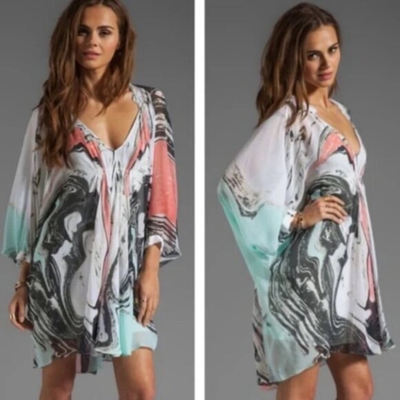 Diane Von Furstenberg Fleurette Flowy V Neck 100% Silk Spring Marble Dress 8 - Picture 3 of 9